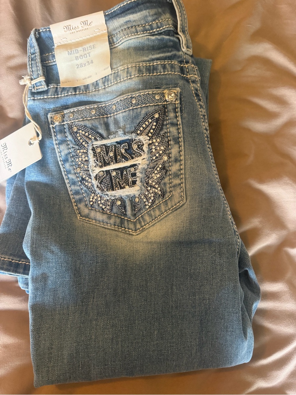 Miss Me Boot Cut Jeans with Embellished Back Pocket - Light Blue Wash